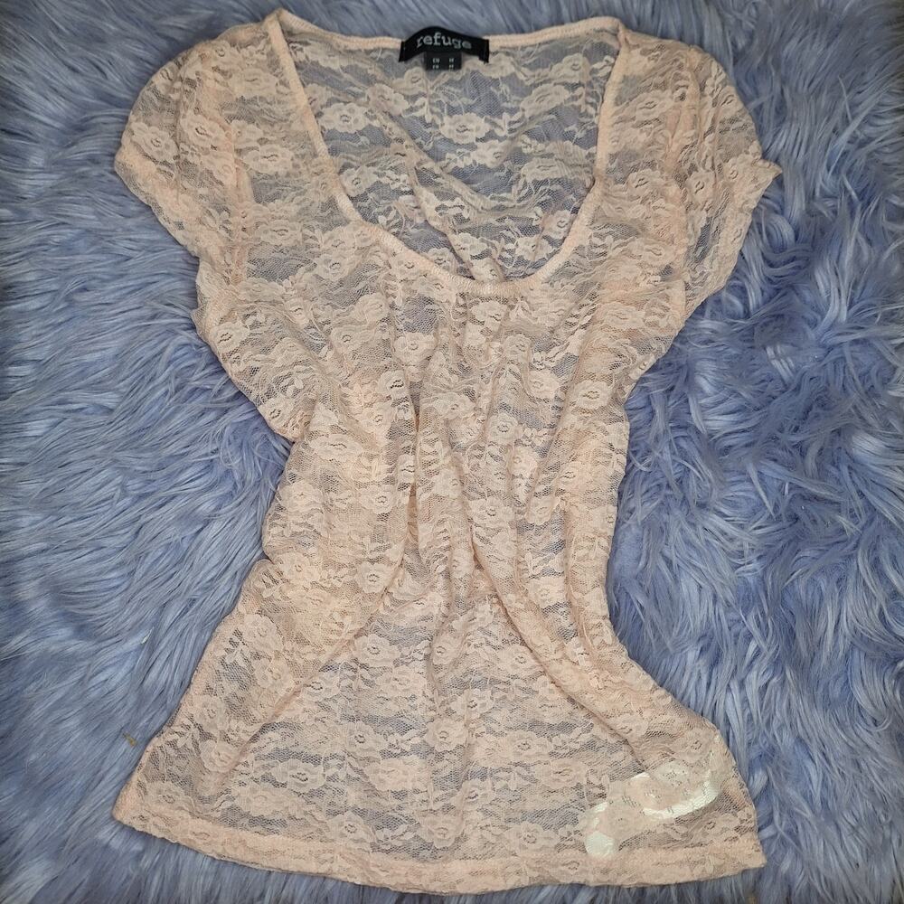 Refuge Y2K Pastel Pink Lace Shirt Size M